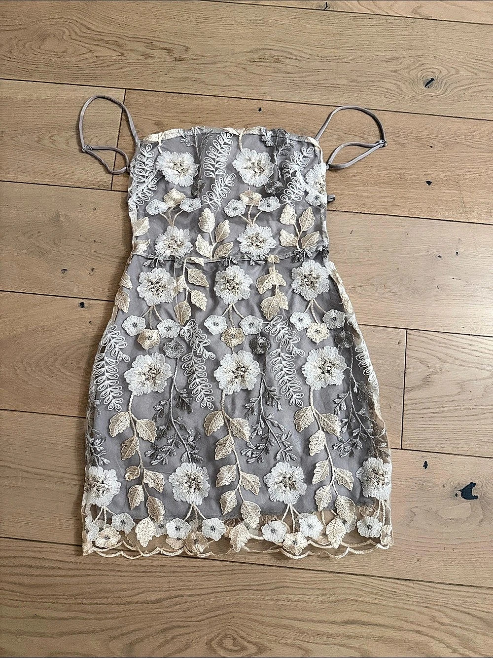 Lucy in the Sky Floral Embroidered Mesh Mini Dress Gray & White